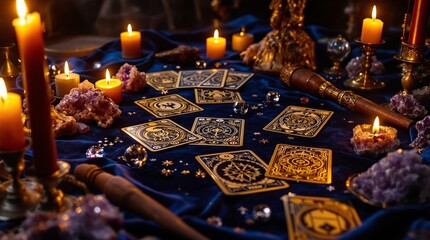 Enchanting tarot cards display on velvet with candles and amethyst crystals