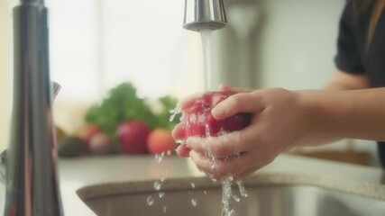 Woman washing fresh red apple under tap water in the kitchen sink. Slow motion.  - Powered by Adobe