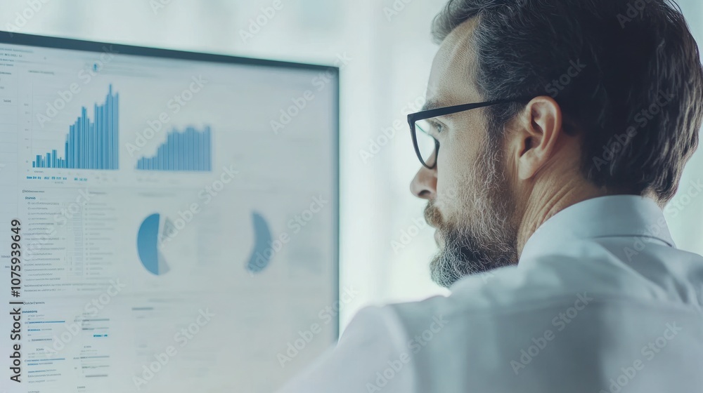 Poster businessman analyzing data on computer screen