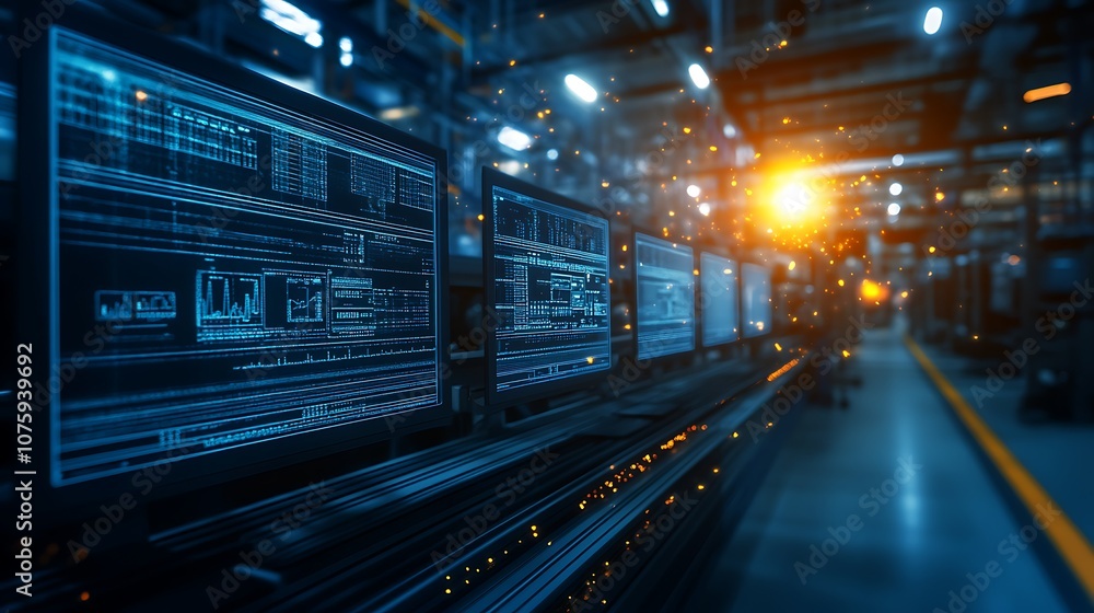 Poster A modern data center with illuminated displays, showcasing digital screens and circuit patterns.