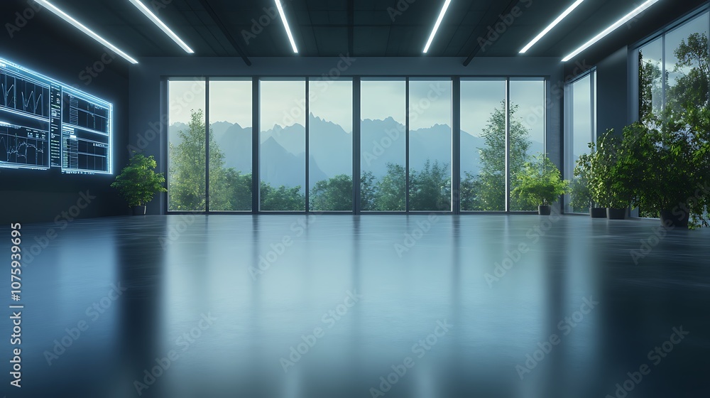 Aufkleber A spacious modern room with large windows revealing a scenic mountain view, complemented by greenery and sleek design elements.