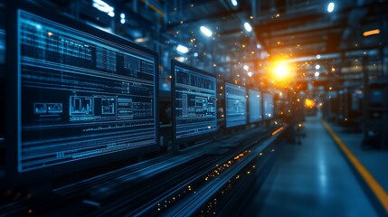 A modern data center with illuminated displays, showcasing digital screens and circuit patterns.