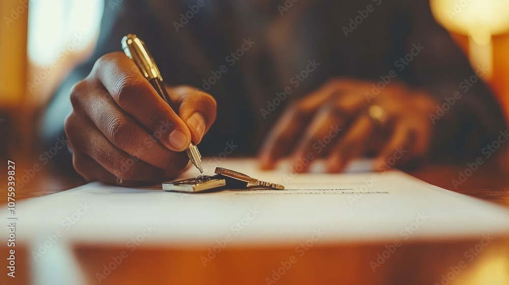 Poster a person's hand signing a document with a pen, with a set of keys placed next to it.