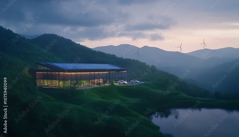 Aufkleber a modern glass structure nestled in lush mountains, reflecting serene tranquility near a calm lake u