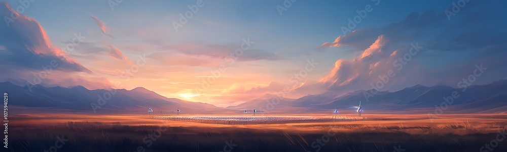 Poster a panoramic sky filled with vibrant colors at sunset, illuminating a distant city skyline with soft 