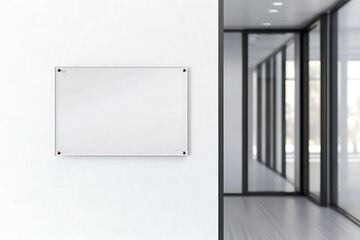 Name plate design mockup handing on door, 3d render. Door sign mock up template on entry in cabinet. Office hall interior with nameplate on door