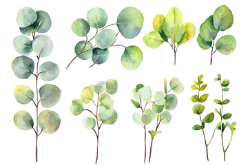 Obraz premium Watercolor eucalyptus round leaves and branches set