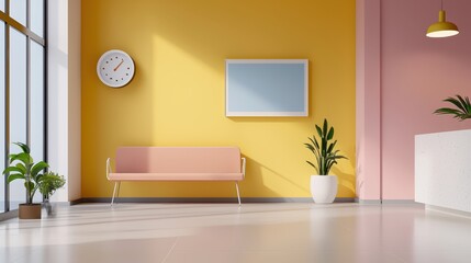 A modern, bright interior featuring a pink bench, plants, a clock, and a minimalist decor with yellow and pink walls.