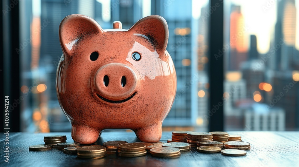 Poster a pink piggy bank with a smiling face sits on a wooden table in front of a window with a cityscape v