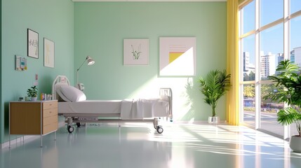 A bright, serene hospital room with a bed, plants, and large windows, creating a calming environment for patients.