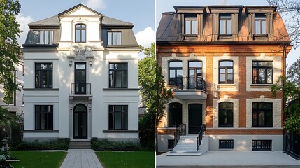 Fototapeta premium Two distinct architectural styles of houses showcasing modern and traditional design elements.