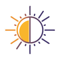 Day and night sun icon with rays, Vector illustration of a sun icon split into day and night halves, featuring sun rays, symbolizing brightness and contrast.
