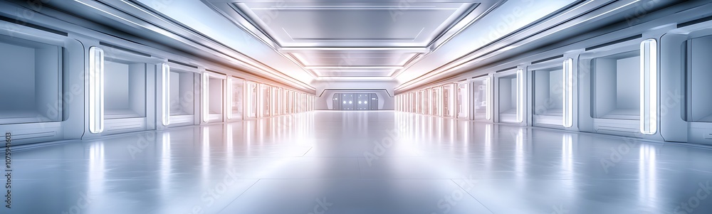 Aufkleber A futuristic, bright corridor with smooth surfaces and ambient lighting, creating a spacious and modern atmosphere.