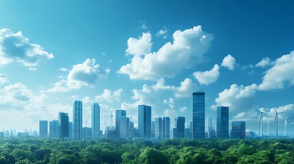 A vibrant skyline with modern architecture, lush greenery, and clear blue skies, showcasing a harmonious blend of nature and urban development.