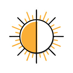 Day and night sun icon with rays, Vector illustration of a sun icon split into day and night halves, featuring sun rays, symbolizing brightness and contrast.

