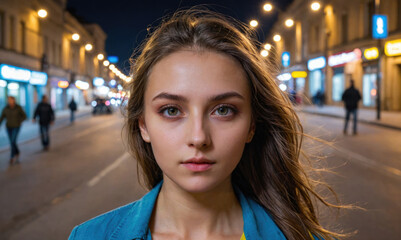Fototapeta premium A woman with long hair is standing on a street in front of a building