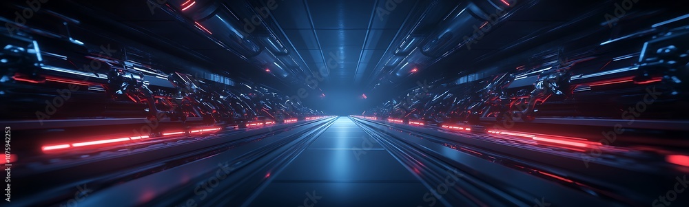 Poster A futuristic corridor illuminated by vibrant blue and red lights, creating a dynamic and immersive digital environment.