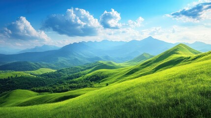 Fototapeta premium Picturesque Green Hills with Mountain Ranges in the Background