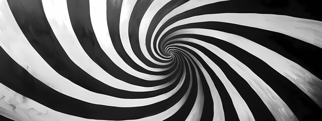 A mesmerizing black and white spiral pattern creates a sense of depth and motion, drawing the viewer into the vortex of design.