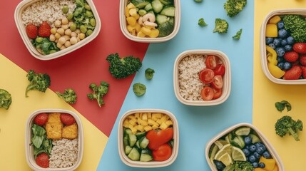 Lunchboxes with nutritious food displayed against a vivid paper backdrop. A concept for healthy eating in the workplace. Top view