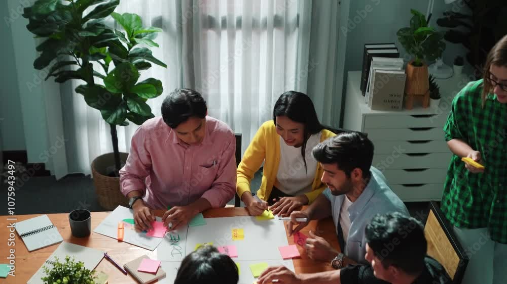 Poster top view of business people hands making scrum task board to manage workflow in workplace. diverse m