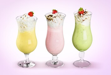 Milkshakes of different tasty flavors in glass