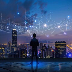 Obraz premium Silhouette of Man Looking at Connected Cityscape