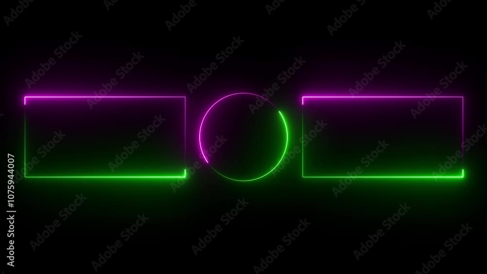 Poster abstract neon glowing rectangle and circle frame background . animation on black screen.