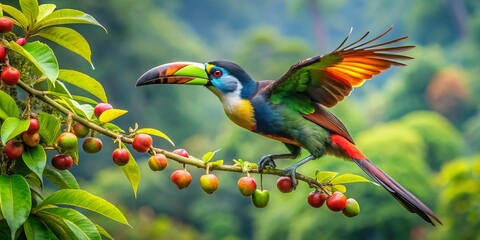 Platebilled Mountain Toucan Playfully Tossing Fruit in Mindo, Ecuador: A Colorful Display of Nature's Beauty Captured in Stunning Drone Photography