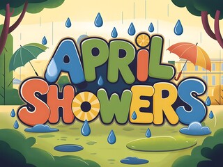April Showers Illustration with Colorful Letters and Raindrops