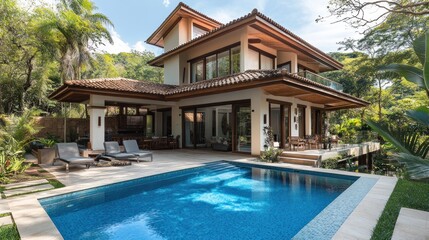 Fototapeta premium Luxury Villa with a Pool and Lush Tropical Surroundings