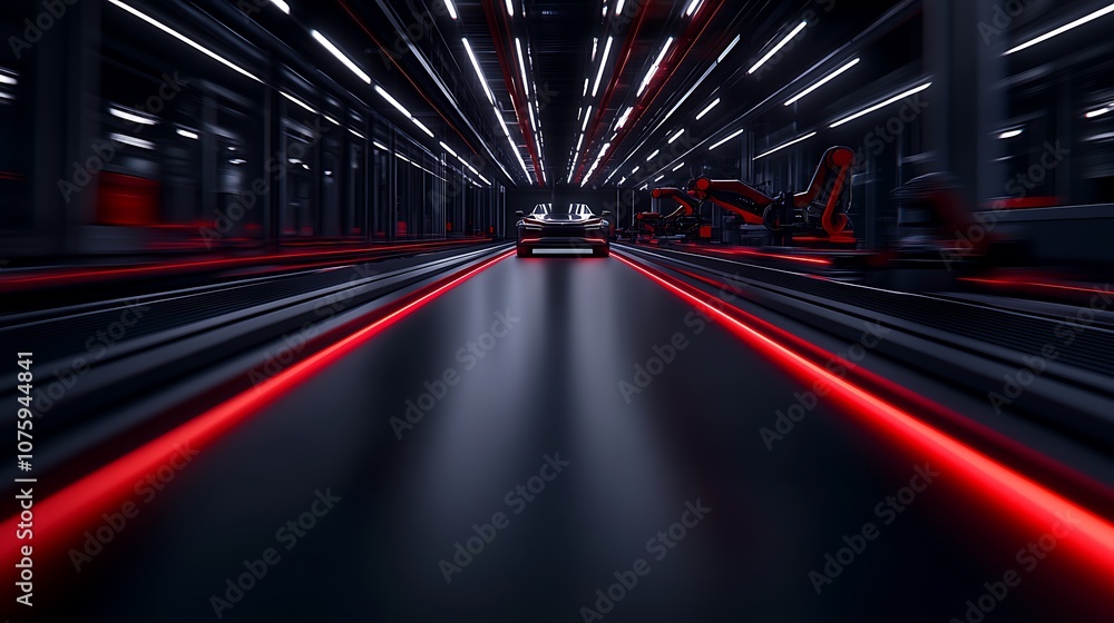 Poster A sleek car moves swiftly through a futuristic tunnel, illuminated by dynamic red and white lights, creating a sense of speed and technology.
