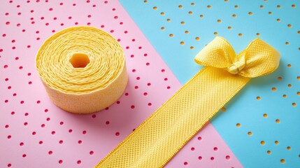 A roll of yellow ribbon with a bow on a pink and blue dotted background.