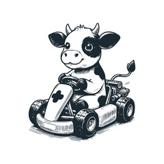 Cow riding toy gokart car. Black white vector illustration.