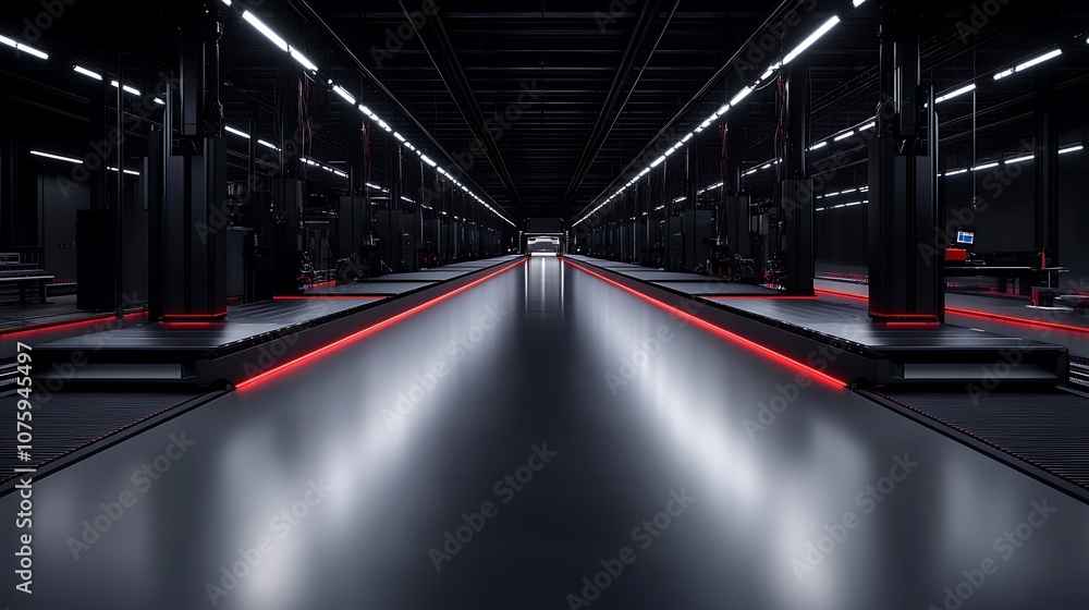 Aufkleber a modern, futuristic corridor with sleek surfaces, illuminated by red lights and surrounded by dark 