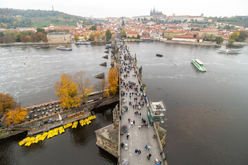 Charles Bridge, a medieval stone arch bridge that crosses the Vltava river in Prague, Czech Republic