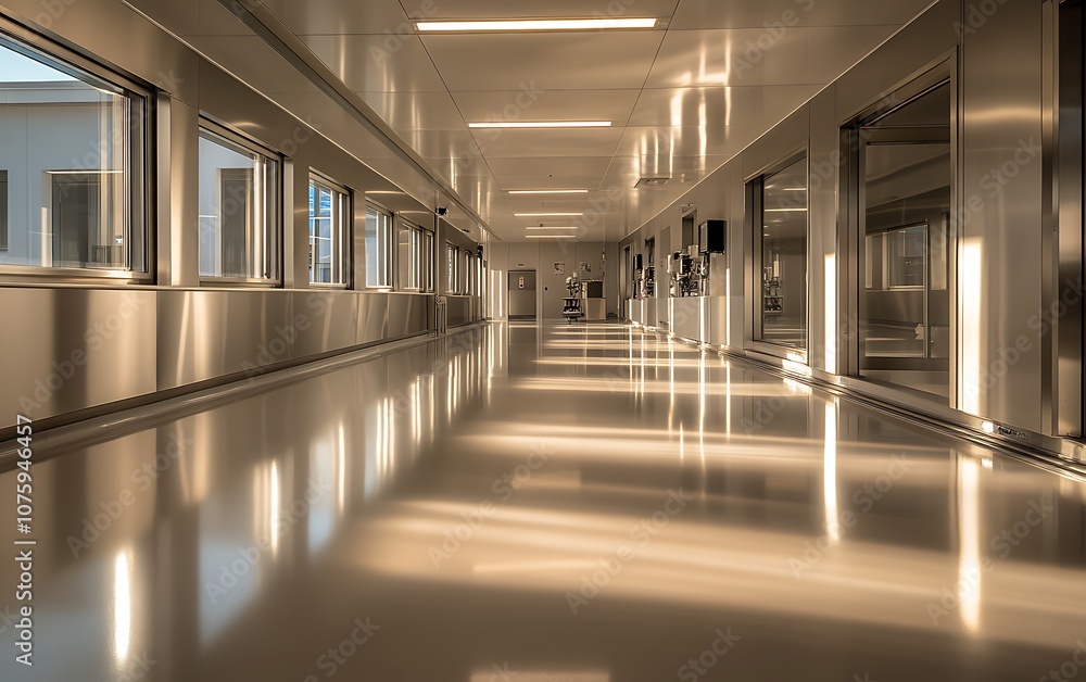 Poster a modern, well-lit corridor featuring sleek surfaces and large windows, highlighting a clean and ope