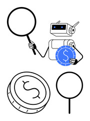 Robot holding magnifying glass and cryptocurrency coin, symbolizing financial analysis and technology. Ideal for fintech, investments, technology, innovation, digital currency, automation, business