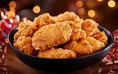Crispy fried chicken wings served in a dark bowl with a festive background.