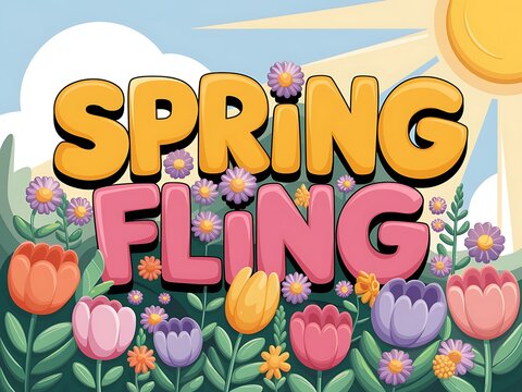 Spring Fling Text with Flowers and Sun