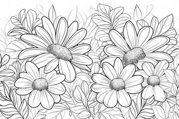 A vibrant illustration featuring large daisies and delicate leaves, showcasing intricate details in black and white, perfect for nature lovers.
