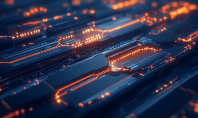 An abstract digital background featuring intricate circuitry, glowing lines, and vibrant orange lights, conveying a high-tech, futuristic atmosphere.