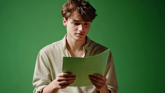 Focused young man reads script on green screen set, preparing for shoot. Holding script, serious expression, isolated headshot. Rehearsing for film or tv role