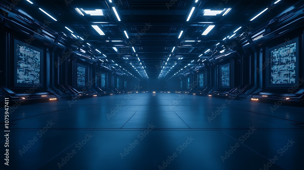 Poster a futuristic, illuminated corridor lined with advanced technology and glowing screens, creating a sc
