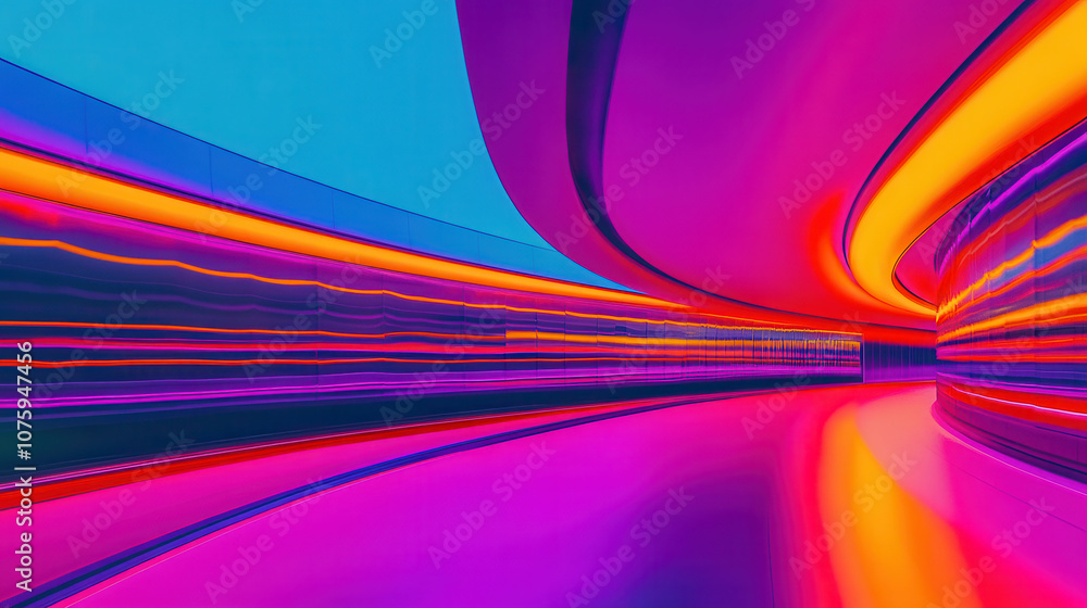 Poster vibrant, futuristic corridor with colorful lighting and smooth curves, creating dynamic atmosphere. 