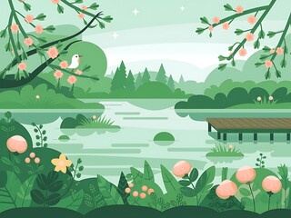 A Bird Perched on a Branch Above a Still Lake in a Lush Green Forest