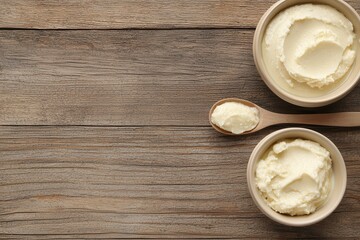 Palm oil shea butter. The image displays creamy butter or a similar spread in two rustic bowls on a wooden surface, highlighting a natural, simple aesthetic.