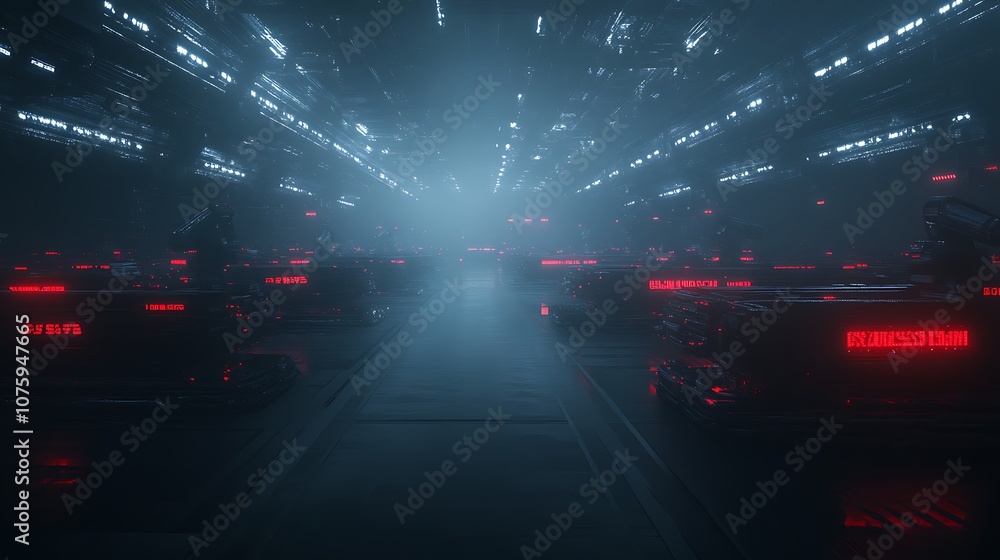 Aufkleber a futuristic, neon-lit environment features glowing red lights and a mysterious fog, creating an atm