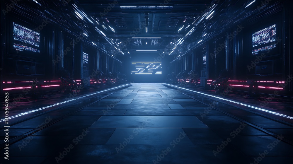 Poster a futuristic, dimly lit corridor with glowing panels and screens, creating a high-tech, sci-fi atmos
