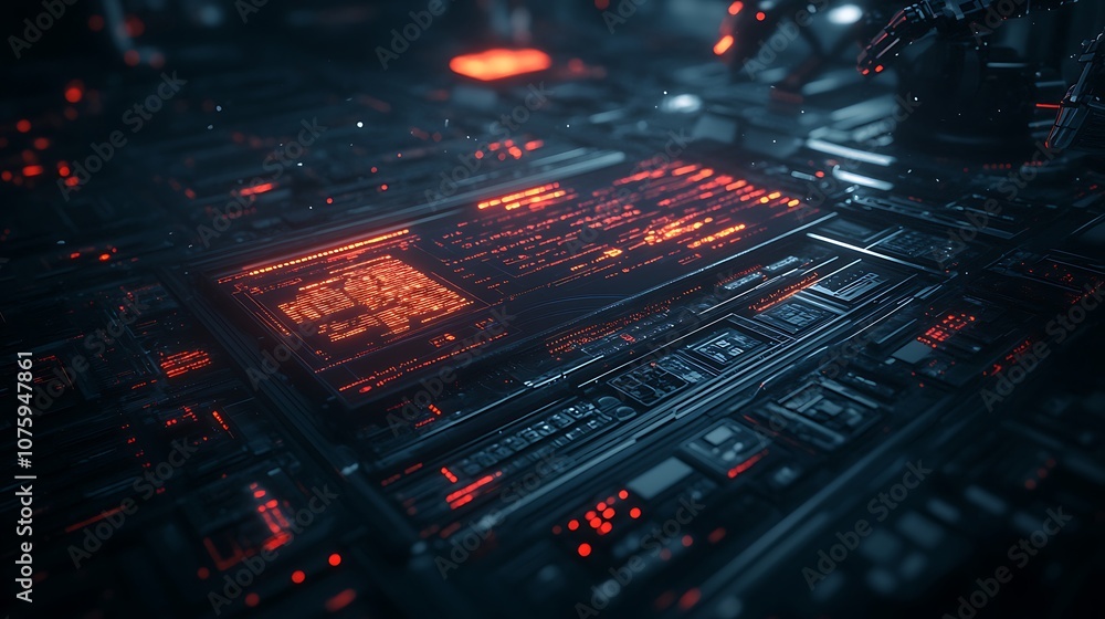 Aufkleber a futuristic circuit board illuminated with vibrant orange and blue lights, showcasing intricate pat